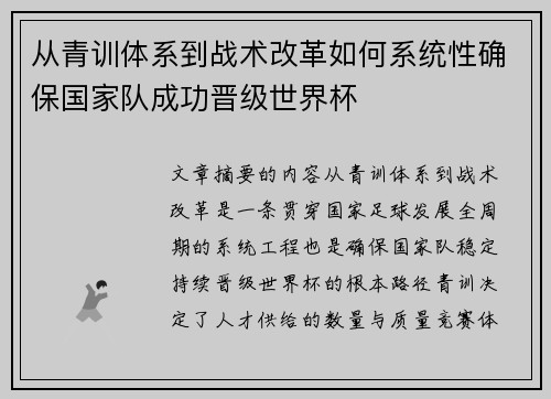 从青训体系到战术改革如何系统性确保国家队成功晋级世界杯 从青训体系到战术改革如何系统性确保国家队成功晋级世界杯