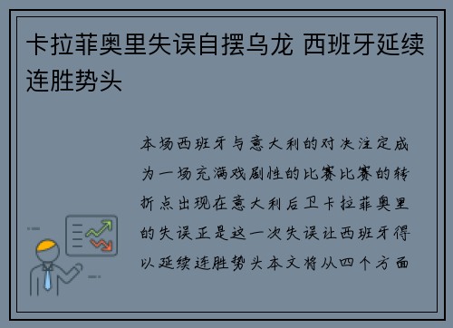 卡拉菲奥里失误自摆乌龙 西班牙延续连胜势头
